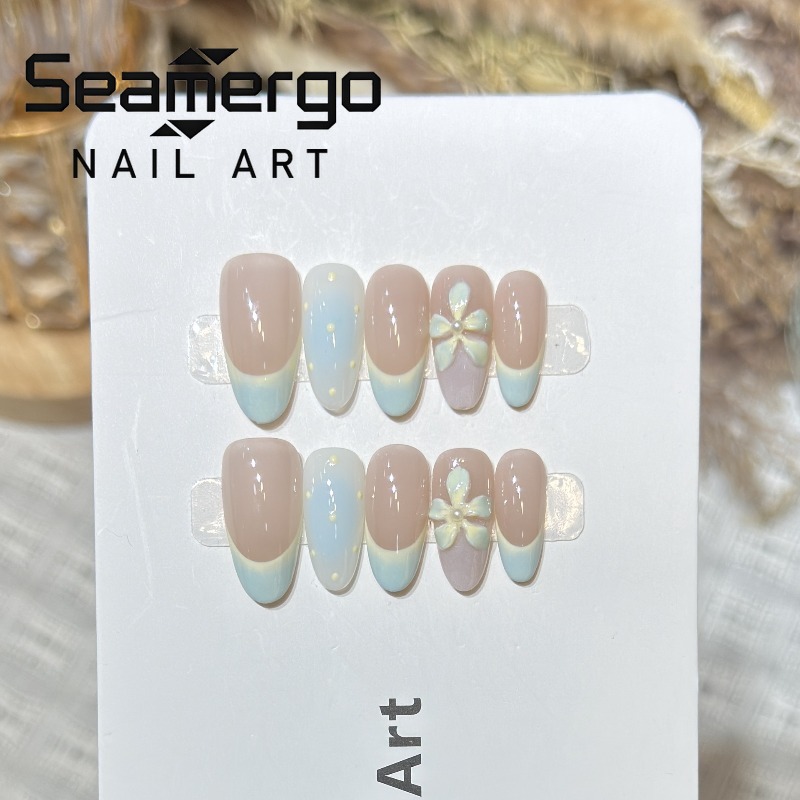Nail Art Oval - 10PCS Simple Blue French Press on
